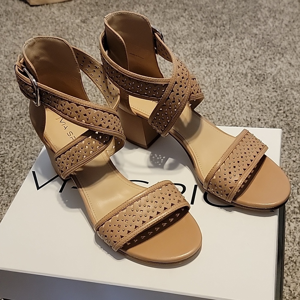 Via Spiga Nude Jobina CrissCross Ankle Strap Block Heel Sandals